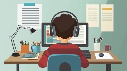 Boy with headphones working on computer illustration, desk setup with office supplies, focused child studying or gaming