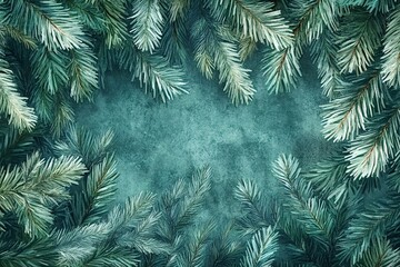 Christmas fir tree branches creating a border on a teal grunge background, providing ample copy space for festive greetings or holiday messages