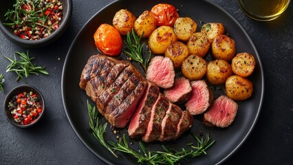 Delicious grilled steak with roasted tomatoes and seasoned potatoes