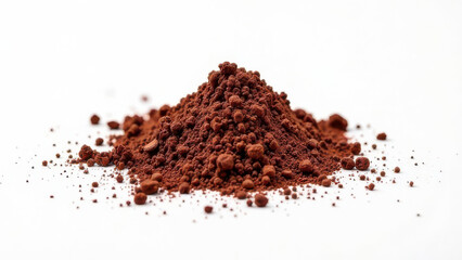Heap of fine cacao powder on white surface