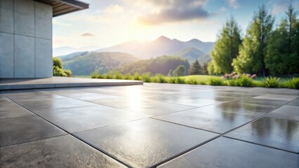 Fototapeta premium Serene Patio Modern Home Design with Mountain View and Lush Greenery
