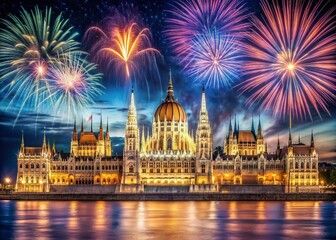 Naklejka premium Budapest Fireworks Parliament Night Photography Urban Exploration