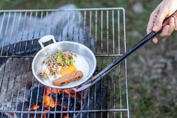Panned Eggs with Toppings for Breakfast, Asian Style,Outdoor Cooking