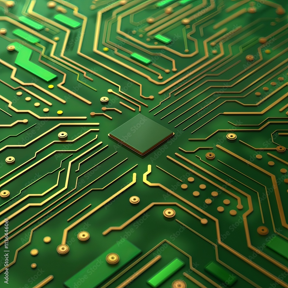 Aufkleber a close-up view of a green circuit board featuring intricate gold circuitry, highlighting modern tec