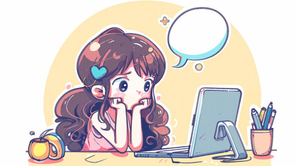 A creative illustration of a young girl deep in thought about studying, with a speech bubble representing her focus on education, designed in a colorful doodle cartoon style for academic and learning.