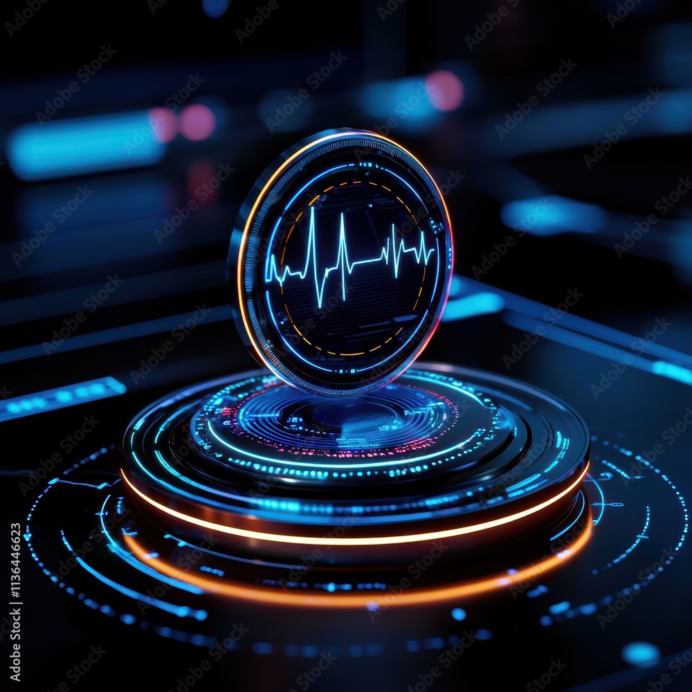 Poster a futuristic digital display features a circular hologram showing a heartbeat signal against a sleek