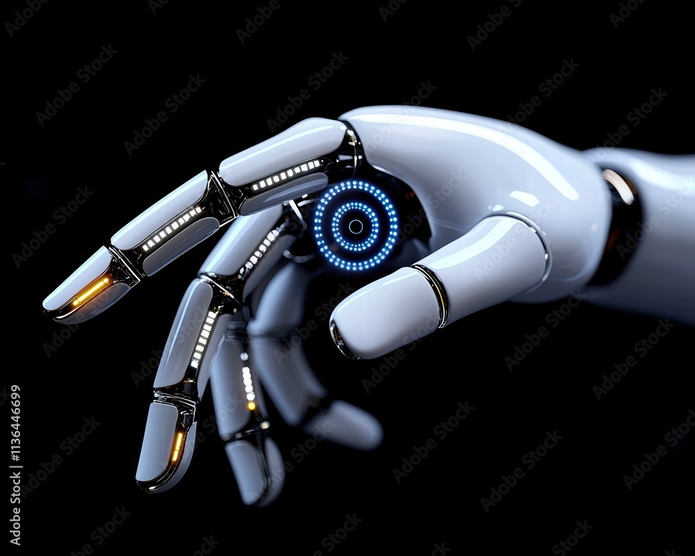 Poster a sleek robotic hand with illuminated joints, showcasing advanced technology and design in a futuris
