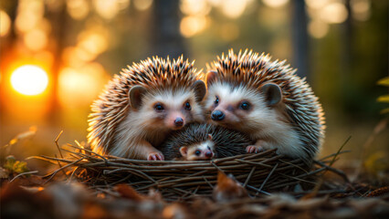 Hedgehogs. Two adult hedgehogs and a baby hedgehog nestled together in a nest made of twigs and leaves, set against a warm, golden-hued background.