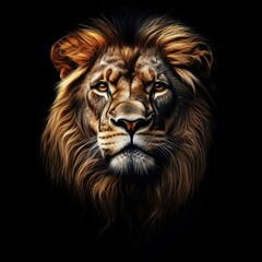Naklejka premium Majestic Lion Portrait with Detailed Mane on Black Background