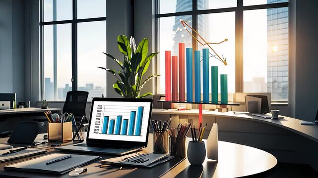 Modern Office Workspace with Business Analytics Graphs and Growth Charts on Display

