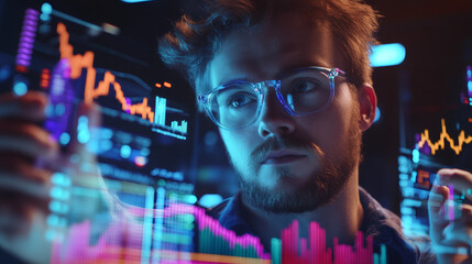 Financial analyst analyzing stock market data on interactive transparent screens, visualizing futuristic trading and investment strategies