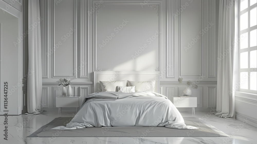 Poster elegant minimalist bedroom: sunlight streams through a large window illuminating a pristine white be