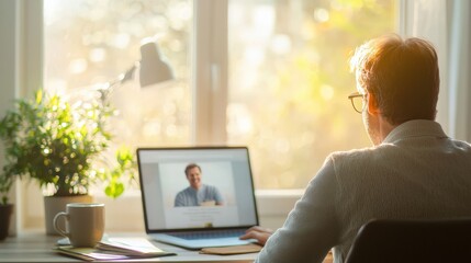 A tidy desk setup featuring a career development book, a cup of coffee, and an open laptop displaying an inspirational webinar