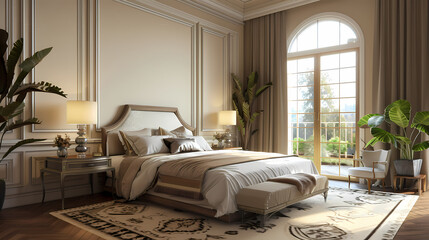 Serene Master Bedroom Retreat: Luxurious and elegant master bedroom design featuring a large bed with upholstered headboard, stylish nightstands, plush bedding.