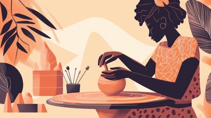 Pottery artist working, craft scene with pottery, artistic creation, vibrant colors, abstract design, creative process