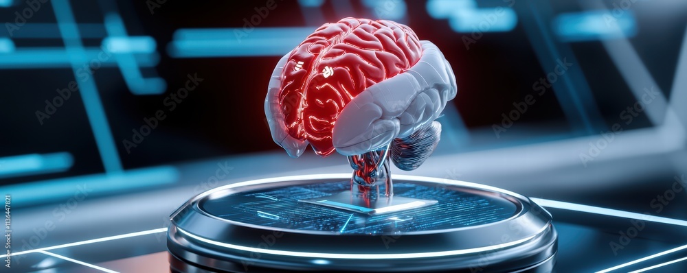 Poster a futuristic rendering of a human brain, illuminated in red, displayed on a sleek platform against a