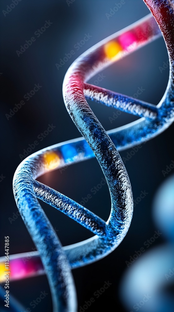 Poster macro view of a dna double helix with colorful highlights, emphasizing the complexity of genetic str
