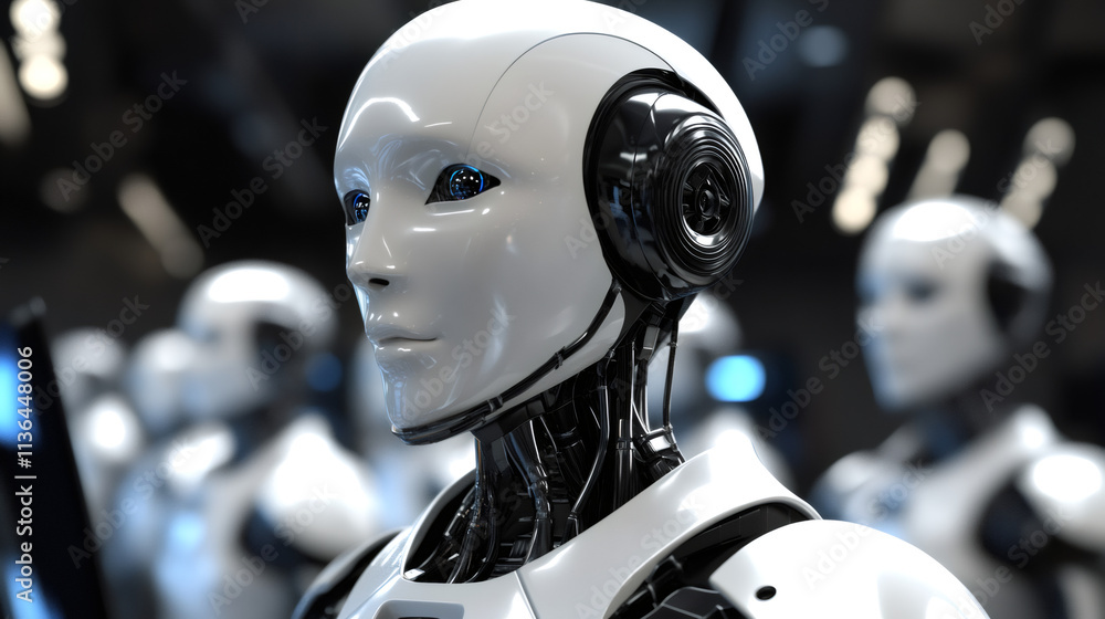 Aufkleber Futuristic factory setting featuring a group of humanoid robots demonstrating advanced robotics and artificial intelligence