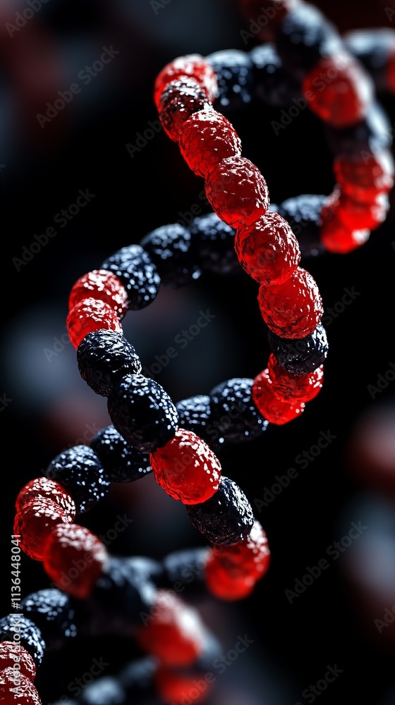 Poster microscopic view of a dna helix made up of red and black spherical structures, showcasing intricate 
