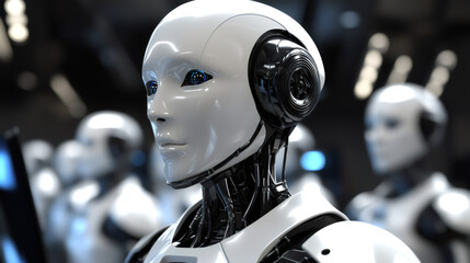 Futuristic factory setting featuring a group of humanoid robots demonstrating advanced robotics and artificial intelligence