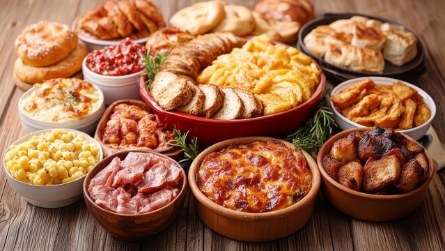 Delicious array of homemade dishes laid out on a wooden table
