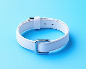 A minimalist white leather bracelet with a silver buckle, set against a vibrant blue background, showcasing modern accessory design.