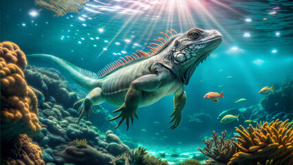 Iguana. An iguana swimming underwater among coral reefs and schools of fish, with sunlight filtering through the water.