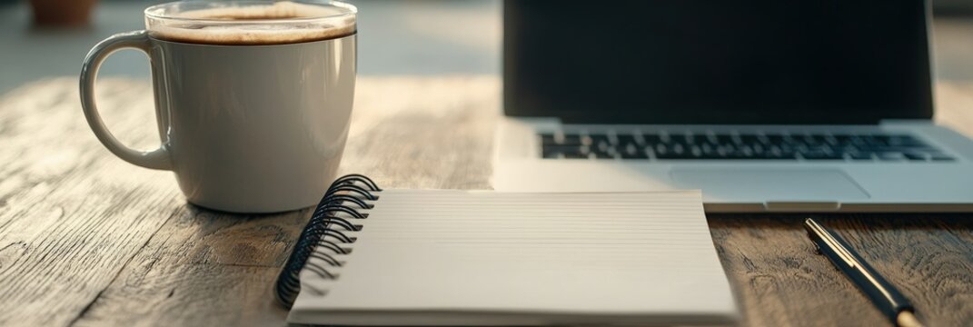 A professional desk setup featuring a laptop, coffee, and a career goals notebook - Powered by Adobe