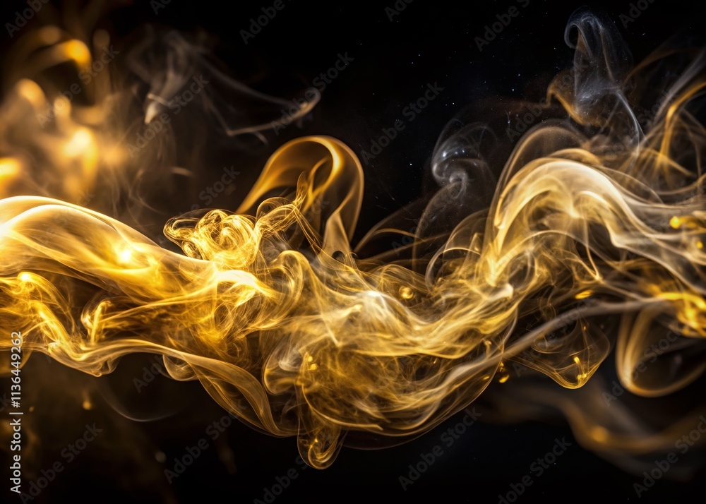 Poster captivating gold smoke on a black background enhanced with tilt-shift photography techniques for a u