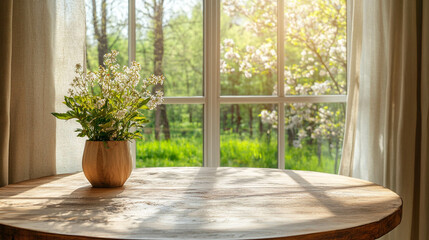 Fototapeta premium Beautiful flower vase on a round wooden table in front of a bright window with a greenery landscape view