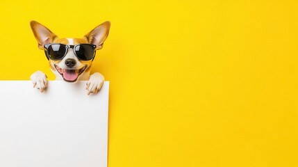 Happy Dog Wearing Sunglasses Holds Blank Sign
