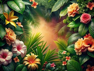 Naklejka premium Captivating Low Light Photography of a Peach Background Framed with Tropical Leaves and Flowers, Perfect for Nature and Aesthetic Themes