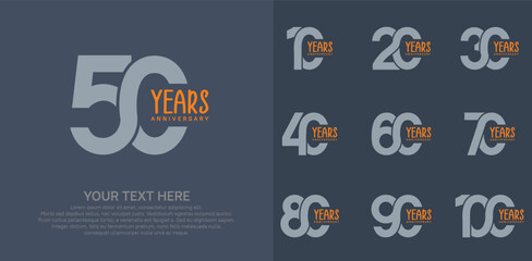 Anniversary logo set vector design, gray and orange color for celebration event
