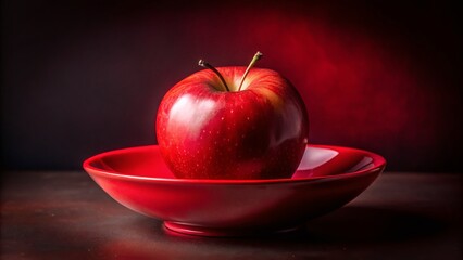 Captivating Low Light Photography of a Shiny Red Apple Resting in a Vibrant Red Bowl, Creating a Striking Contrast and Evoking Warmth and Elegance in a Cozy Setting
