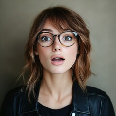 Fototapeta premium A surprised girl in glasses with a neutral mood on an isolated background