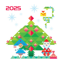 2025 happy new year. Gifts for New Year and Christmas holidays. Snow Maiden and Santa Claus Christmas toys , bag, banner. Vector polygonal illustrations