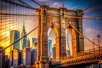 Fototapeta premium Captivating Morning Light on Brooklyn Bridge Tower: A Macro Photography Perspective Showcasing Architectural Details and Urban Beauty in New York City