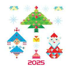 2025 happy new year. Gifts for New Year and Christmas holidays. Snow Maiden and Santa Claus Christmas toys , bag, banner. Vector polygonal illustrations