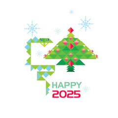 2025 happy new year. The snake is the symbol of the year. 
 Christmas tree with balloons and snowflakes. Gifts for New Year and Christmas holidays. Vector polygonal illustrations