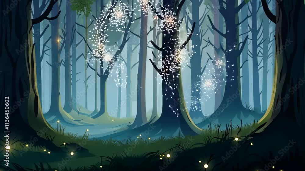 Poster enchanted forest illuminated by glowing fireflies at dusk near a serene path