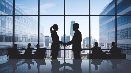 Silhouette of diverse business professionals shaking hands and networking in a modern office setting, symbolizing teamwork, collaboration, and successful business deals. 