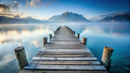 Fototapeta premium Serene Wooden Dock Extending Towards Misty Mountains and Calm Lake at Dawn