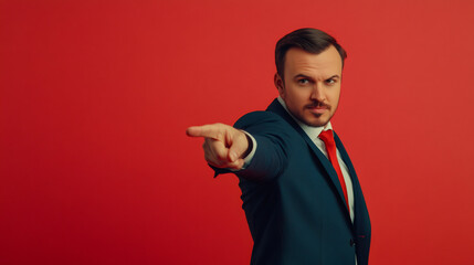 Assertive businessman in a suit pointing with authority against a vibrant red background, expressing blame