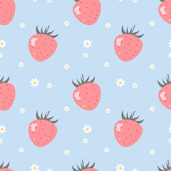 Seamless pattern with pink strawberries and daisies on a blue background
