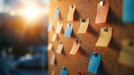 A corkboard filled with travel photos, goal milestones, and sticky notes detailing actionable steps for the year