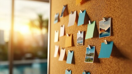 A corkboard filled with travel photos, goal milestones, and sticky notes detailing actionable steps for the year