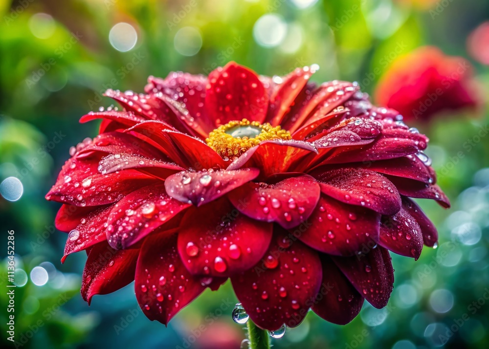 Poster captivating wet red flower drenched in rain with bokeh effect highlighting petals' radiance and drop