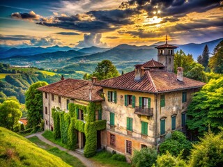 Naklejka premium Captivating View of an Old Building in the Outskirts of Milan, Italy Surrounded by Nature and Historical Charm, Perfect for Architectural and Travel Photography Enthusiasts