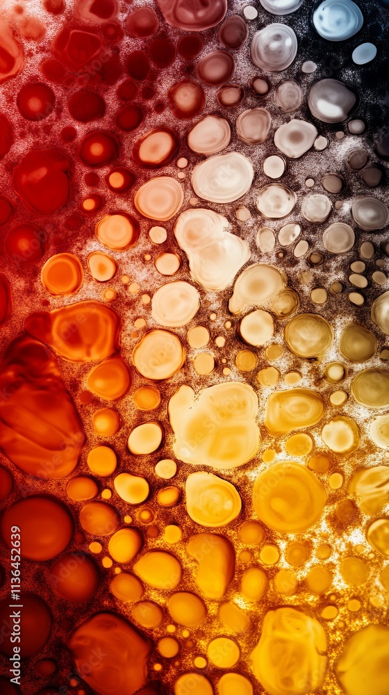 Poster abstract pattern of colorful bubbles in vibrant hues of red, orange, and white, creating a dynamic f