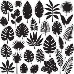 Fototapeta premium Cartoon tropical plant silhouettes vector illustration set. Includes various exotic leaves with funky and groovy decorative elements. Ideal for design projects, this collection offers a unique botanic